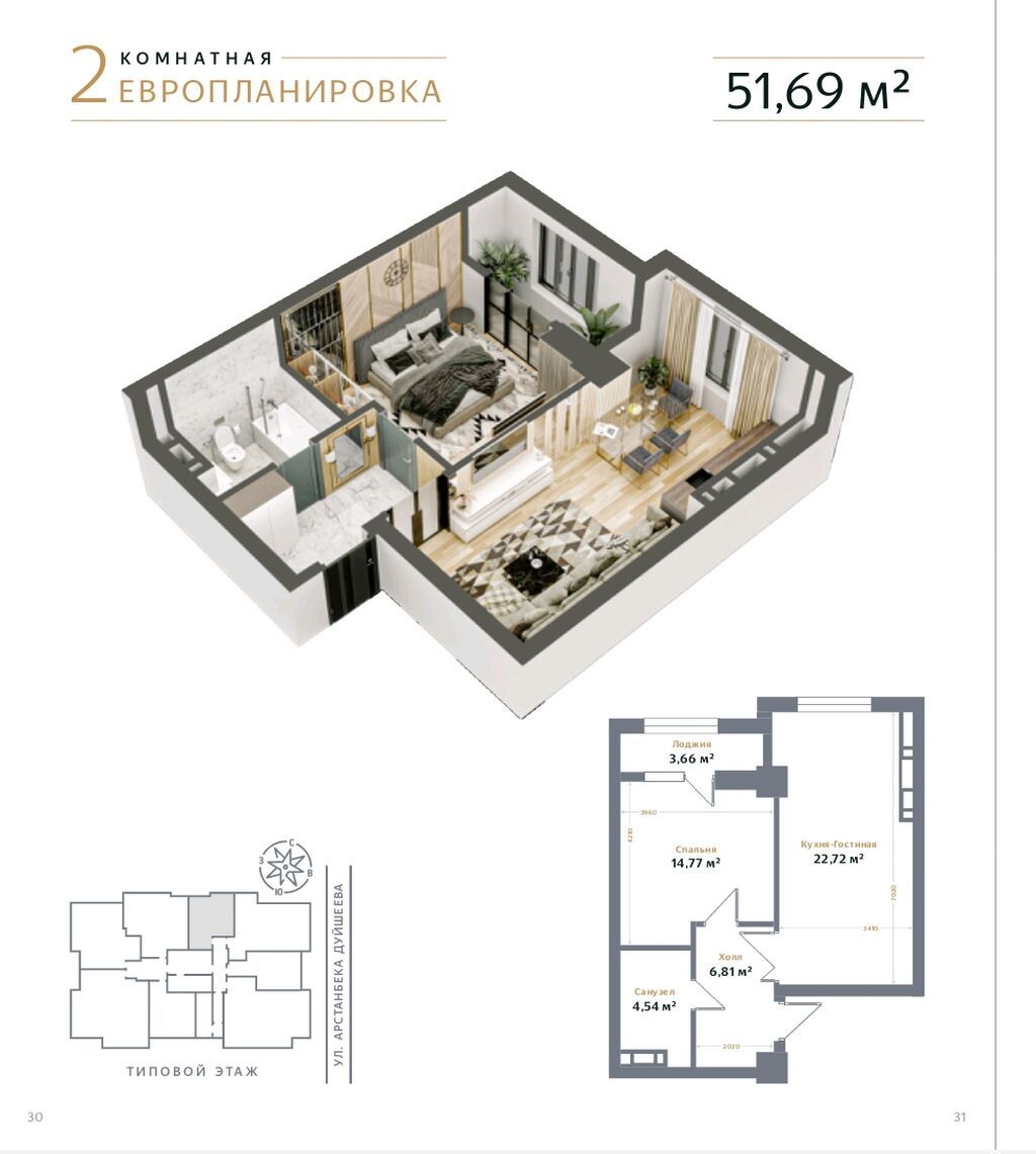 2 комнаты, 52 м², Асанбай мкр Элитка, 10 этаж, ПСО (под самоотделку): фото 3