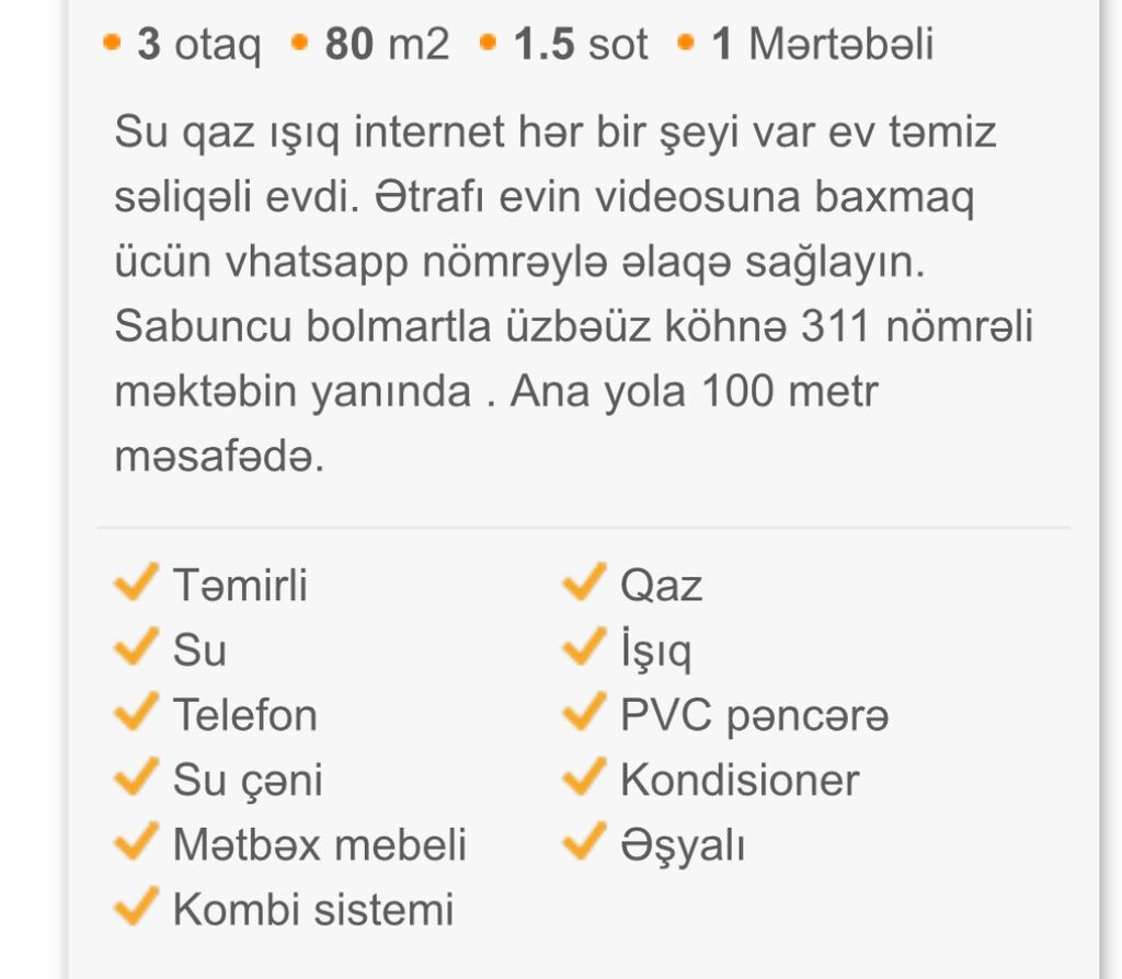 80 kv. m, 3 otaqlı, Kanalizasiya, Kombi, Qaz
