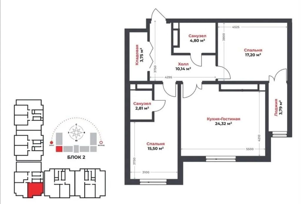 2 комнаты, 82 м², Технопарк Элитка, 7 этаж, ПСО (под самоотделку): фото 3