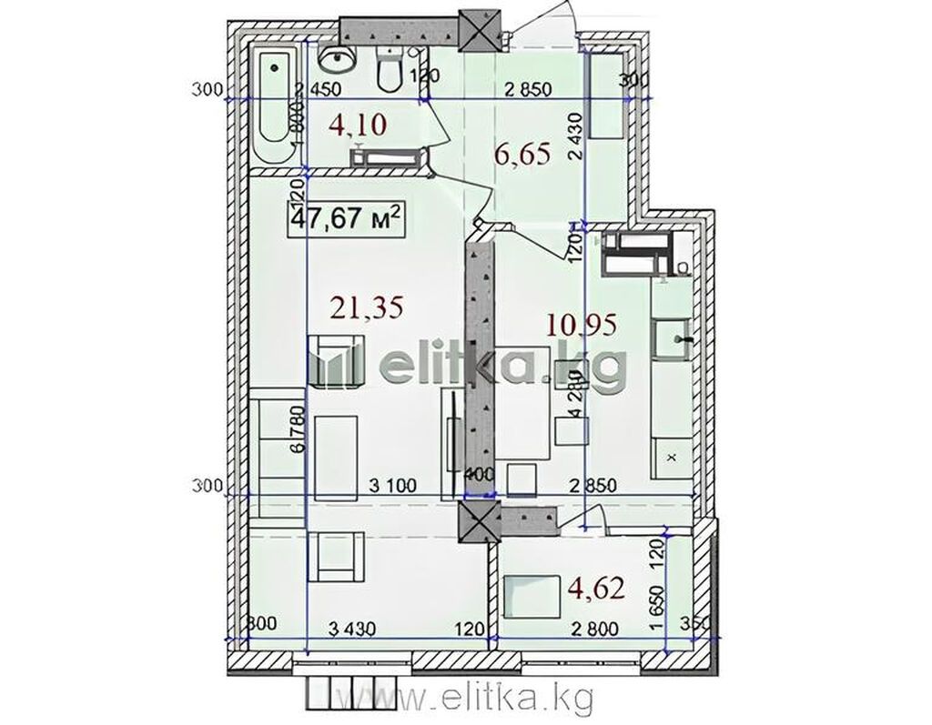 1 комната, 48 м², 12 мкр Элитка, 10 этаж, ПСО (под самоотделку): фото 1