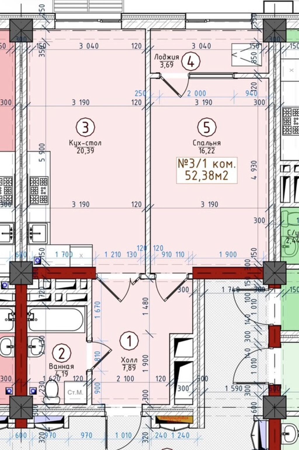 1 комната, 53 м², Восток-5 мкр Элитка, 10 этаж, ПСО (под самоотделку): фото 2