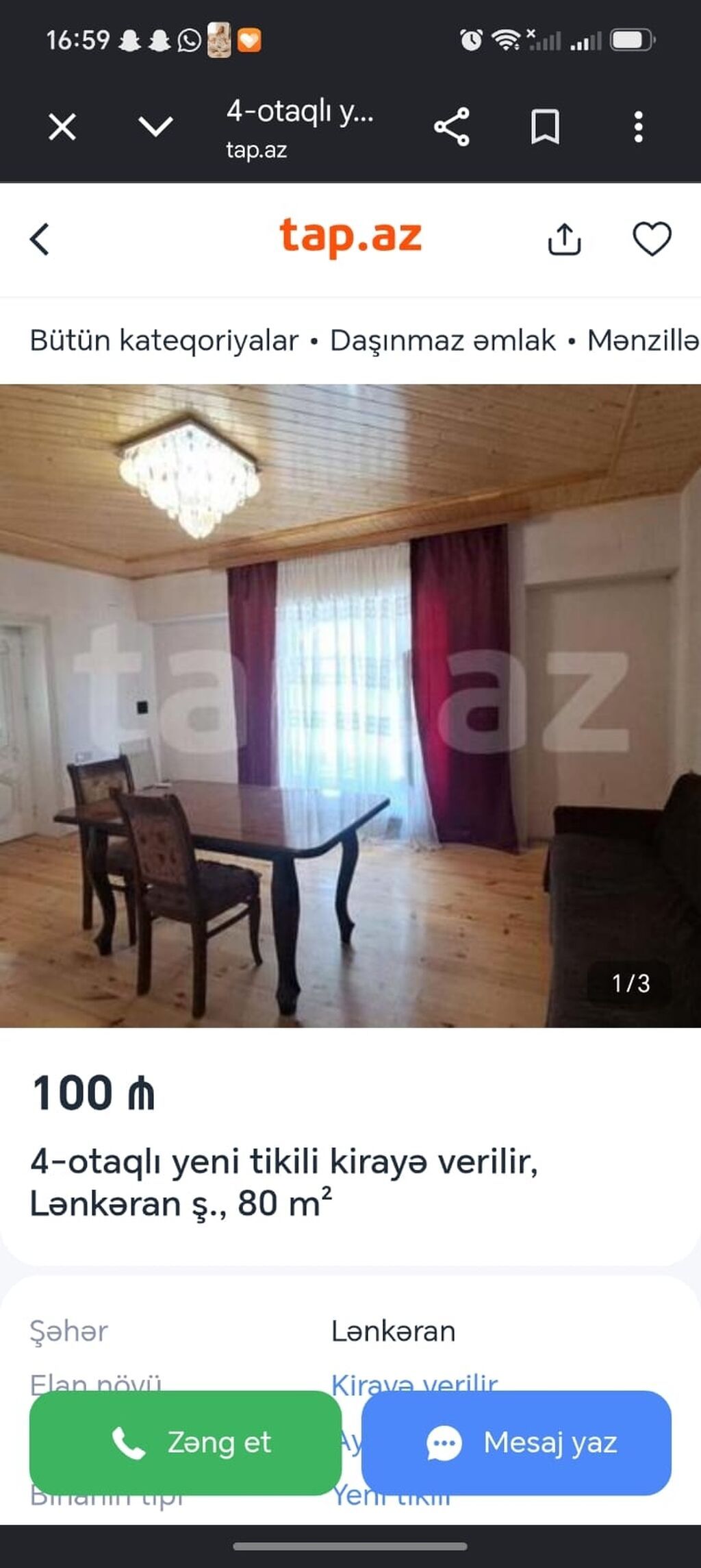 Lənkəran şəhərində 3otaqlı, 80 m² sahəli mənzil kirayə təklif olunur