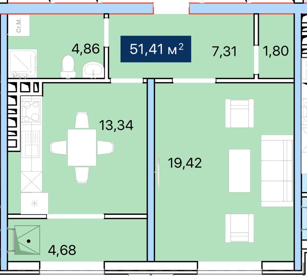 1 комната, 51 м², Достук с. Элитка, 2 этаж, ПСО (под самоотделку): фото 2