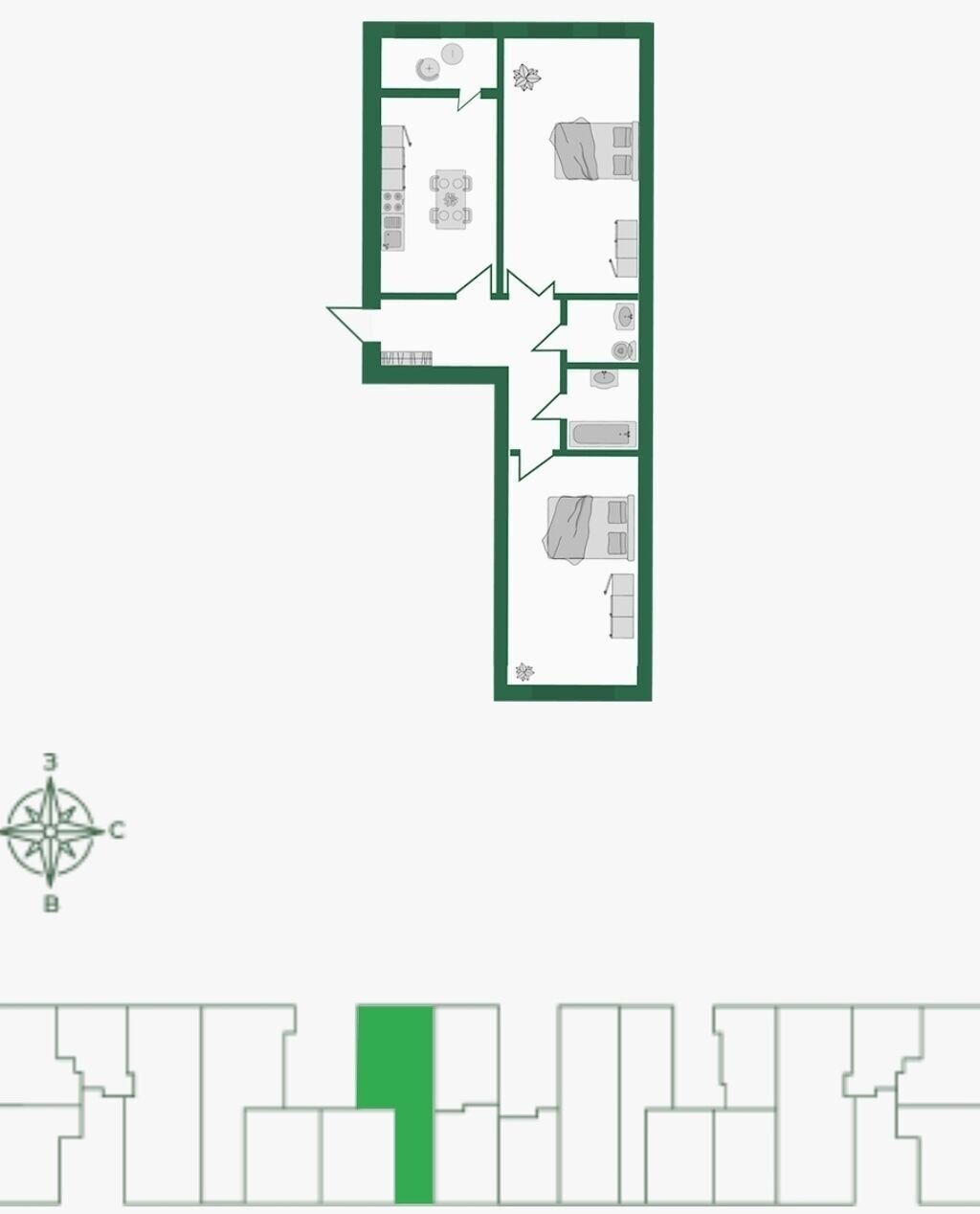 2 комнаты, 74 м², 14 этаж, ПСО (под самоотделку): фото 3
