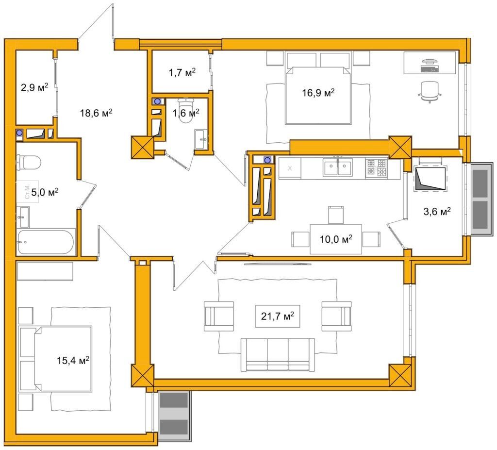 3 комнаты, 97 м², Политех Элитка, 13 этаж, ПСО (под самоотделку): фото 7