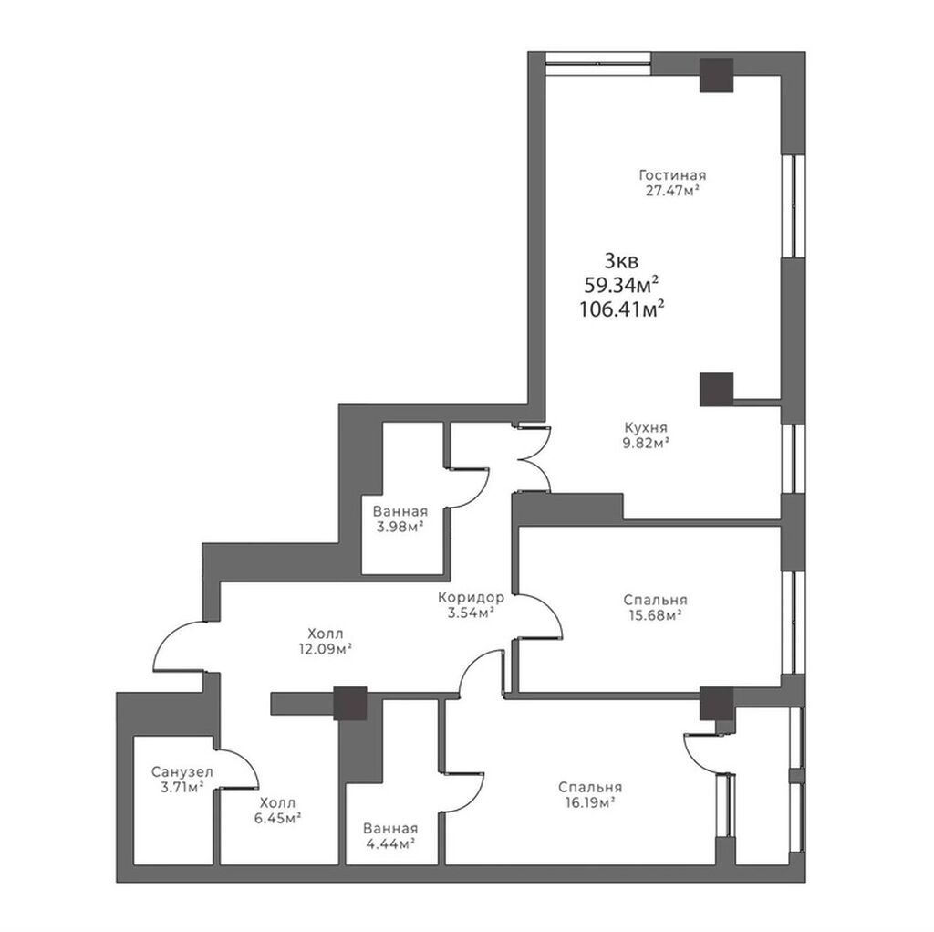 3 комнаты, 106 м², Асанбай мкр Элитка, 14 этаж, ПСО (под самоотделку): фото 3