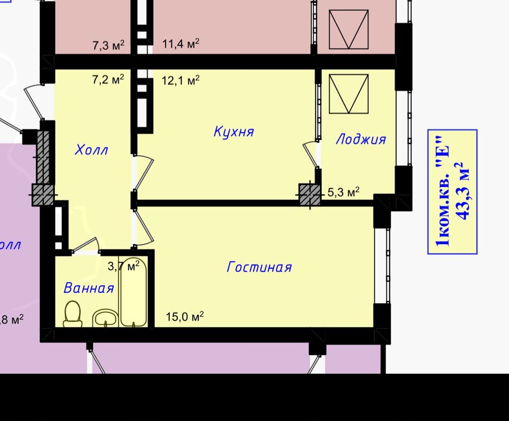 1 комната, 43 м², Аламедин-1 мкр Элитка, 7 этаж, ПСО (под самоотделку): фото 5