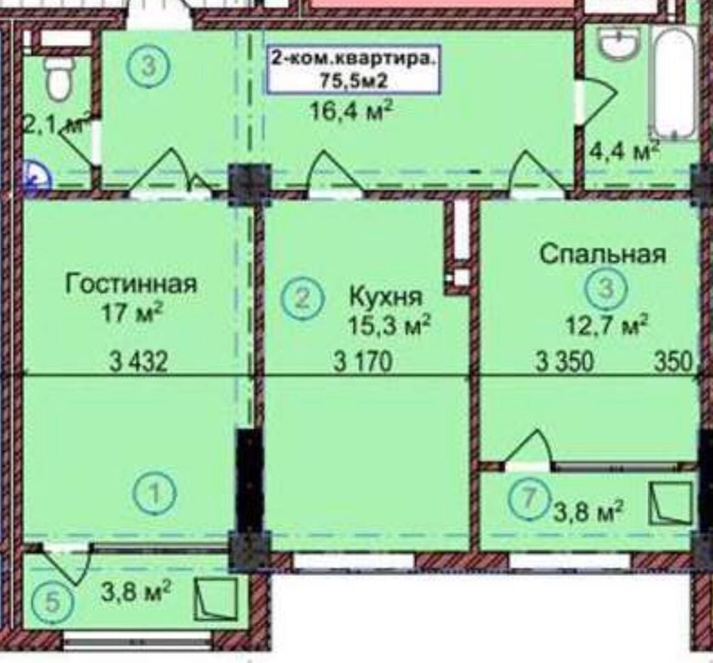 2 комнаты, 75 м², Элитка, 9 этаж, ПСО (под самоотделку): фото 2