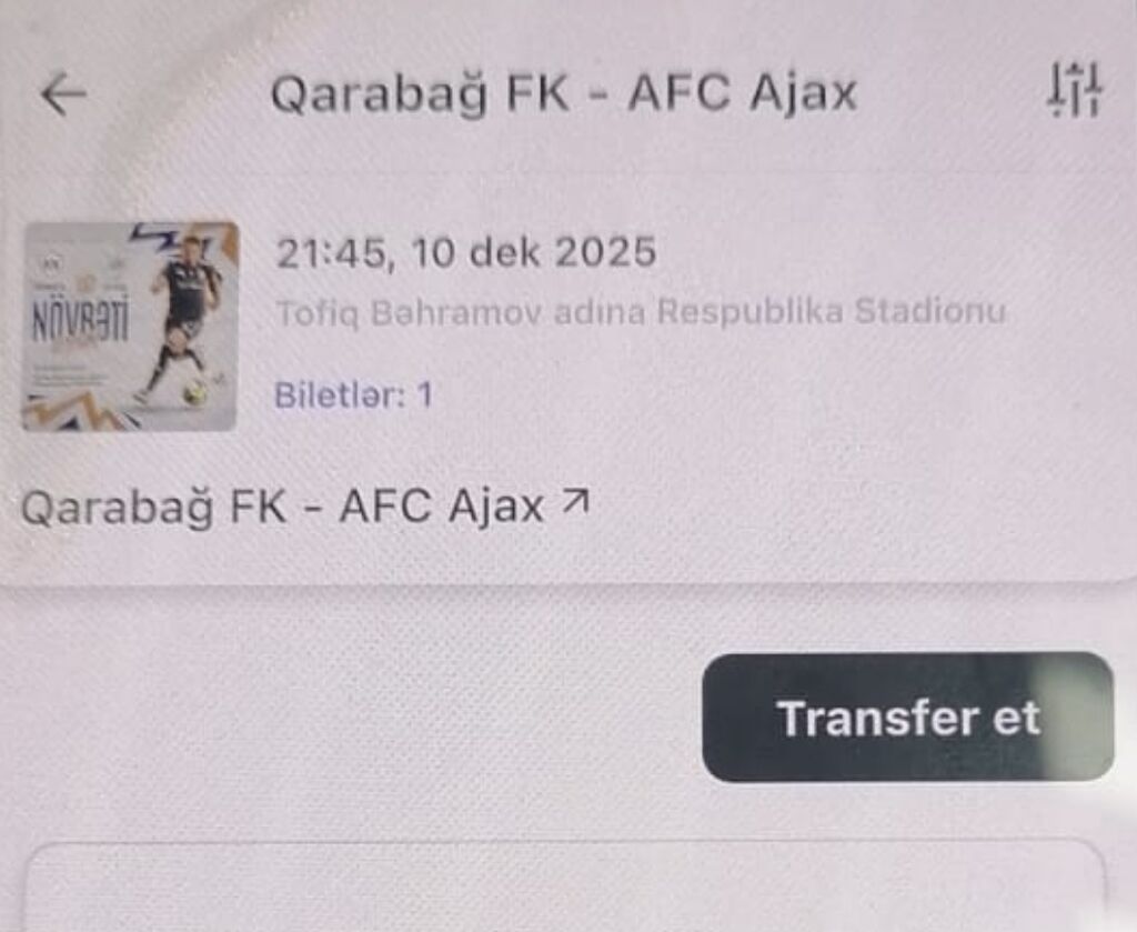 Digər idman və istirahət malları: Qarabağ FK - AFC Ajax bilet
Sektor 22, Yer 22 .
10 dekabr 21.45