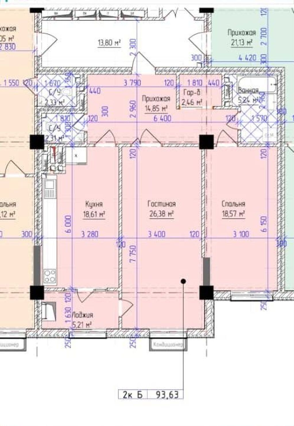 2 комнаты, 93 м², Нижний Джал (Джал-23) Элитка, 9 этаж, ПСО (под самоотделку): фото 1