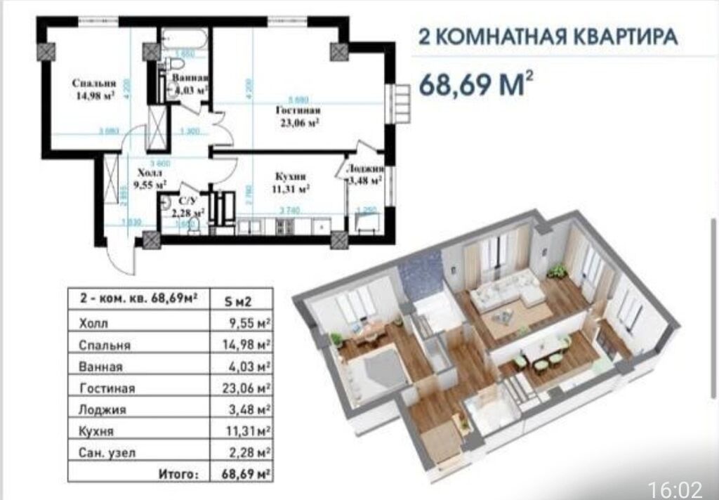 2 комнаты, 69 м², Пишпек Элитка, 8 этаж, ПСО (под самоотделку): фото 2