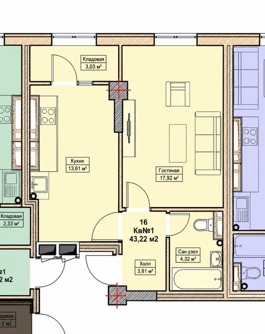 1 комната, 43 м², Асанбай мкр Элитка, 10 этаж, ПСО (под самоотделку): фото 2