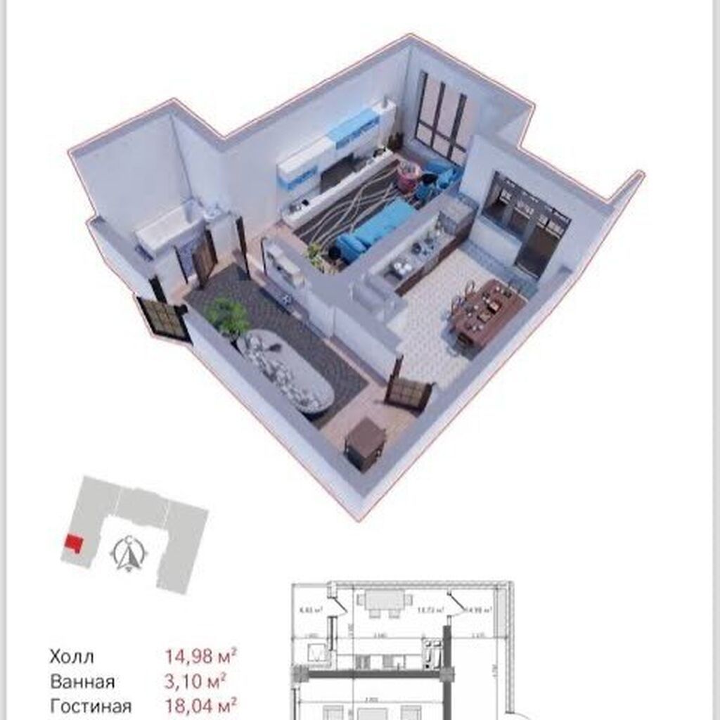 1 комната, 55 м², Элитка, 3 этаж, ПСО (под самоотделку) — фото 2