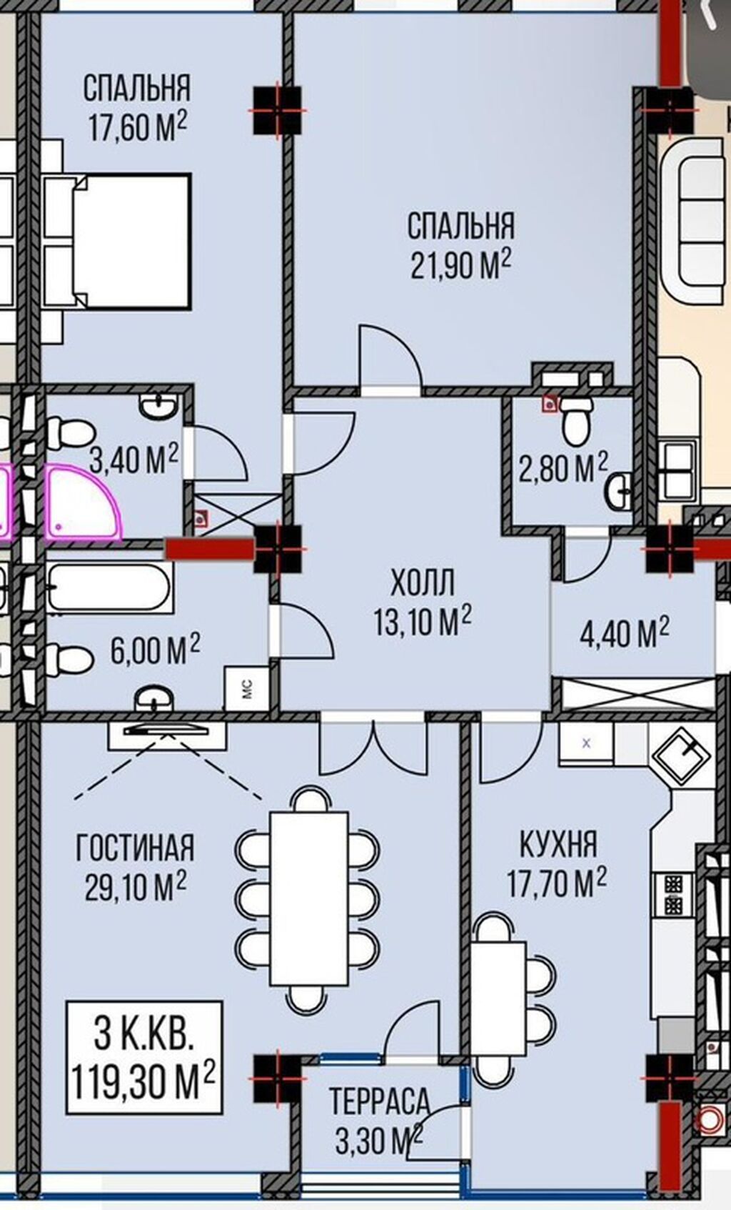 3 комнаты, 119 м², Асанбай мкр Элитка, 2 этаж, ПСО (под самоотделку): фото 8