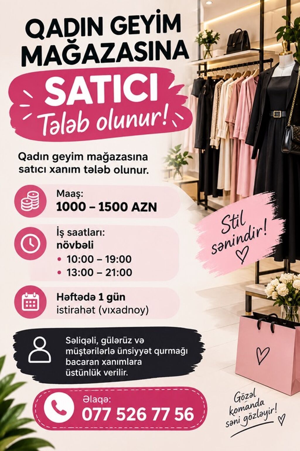 Satış məsləhətçisi tələb olunur, Yalnız qadınlar üçün, 30-45 yaş, 3-5 illik təcrübə, Aylıq ödəniş