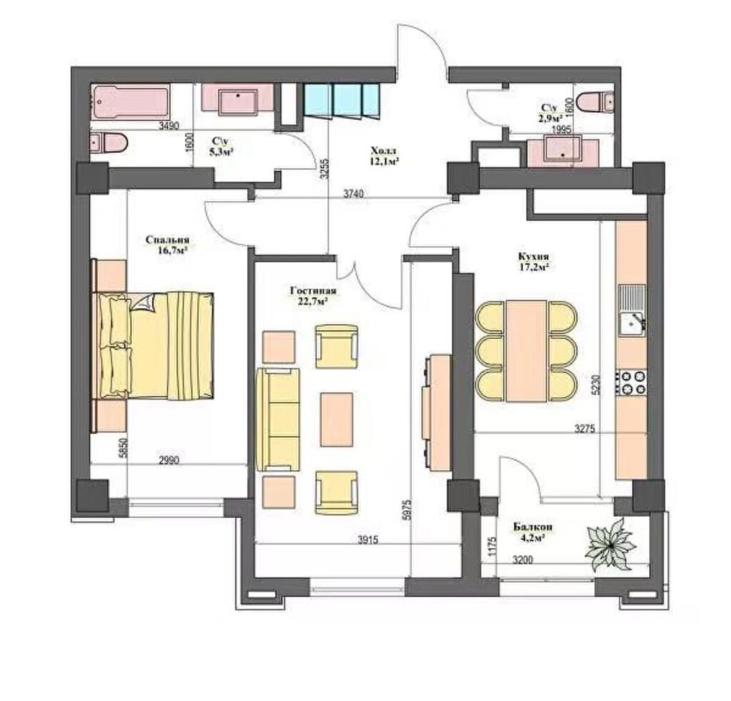 2 комнаты, 82 м², Пишпек Элитка, 12 этаж, ПСО (под самоотделку): фото 5