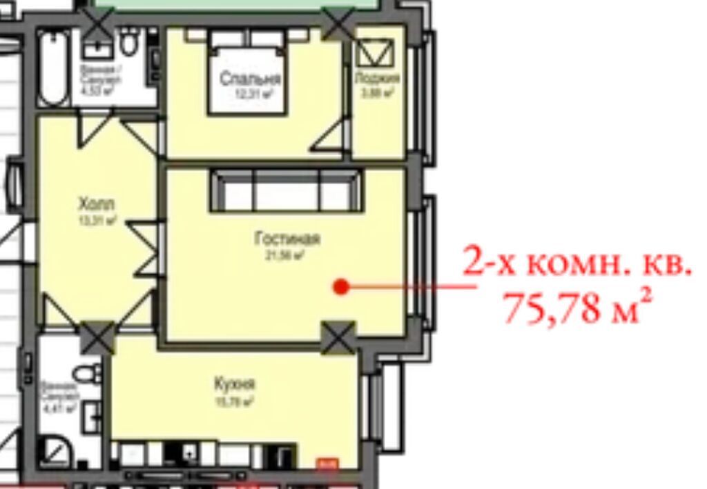 2 комнаты, 75 м², Асанбай мкр Элитка, 5 этаж, ПСО (под самоотделку): фото 3