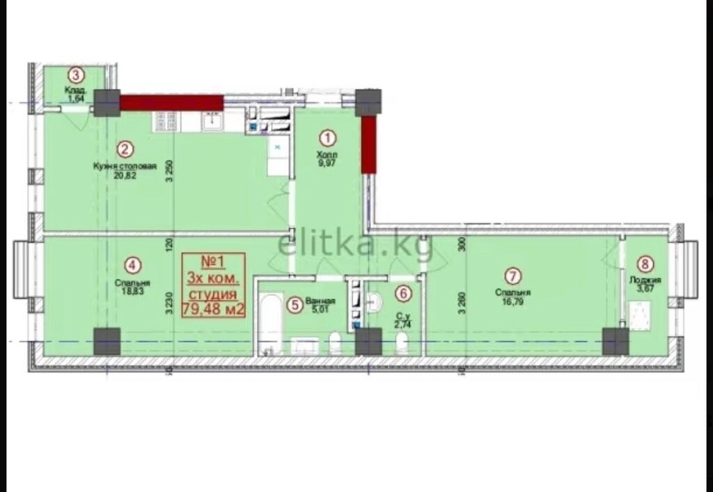 3 комнаты, 80 м², Ала-Арча ТРЦ Элитка, 11 этаж, ПСО (под самоотделку): фото 2