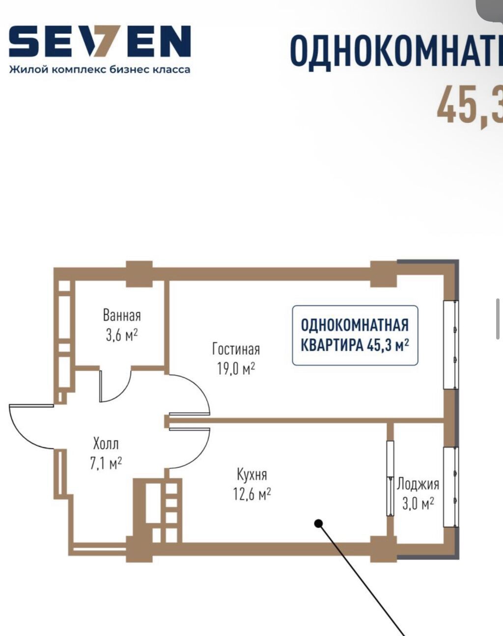 1 комната, 46 м², Элитка, 7 этаж, ПСО (под самоотделку): фото 6