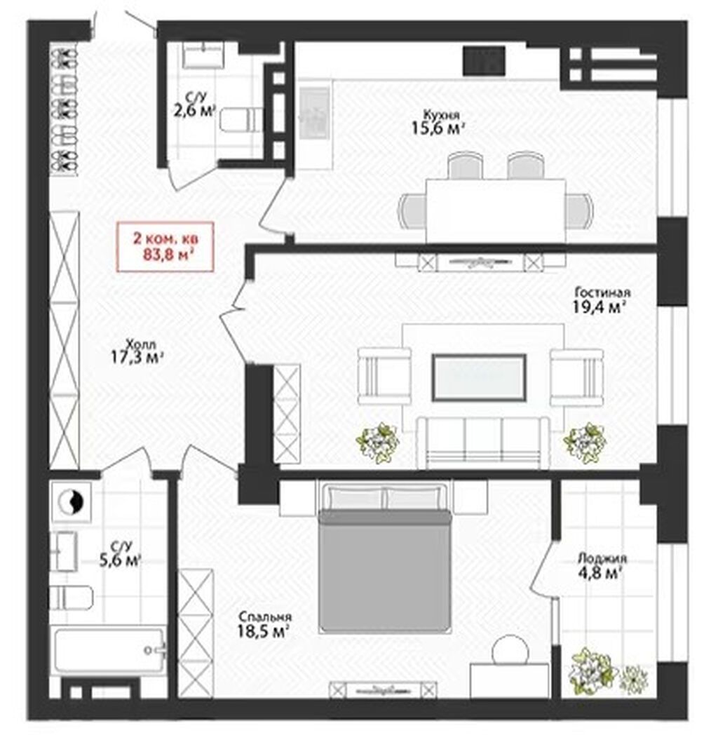 2 комнаты, 84 м², Рабочий Городок Элитка, 9 этаж, ПСО (под самоотделку): фото 3