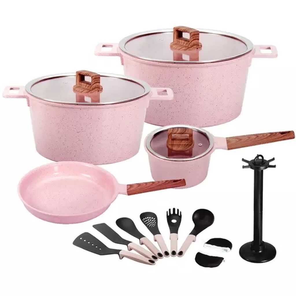 Какой набор посуды для приготовления. Набор посуды Kitchen Set 312-11. Bohmann сковорода Induction bottom Ceramic coating. Розовая посуда для готовки. Набор посуды розовый.