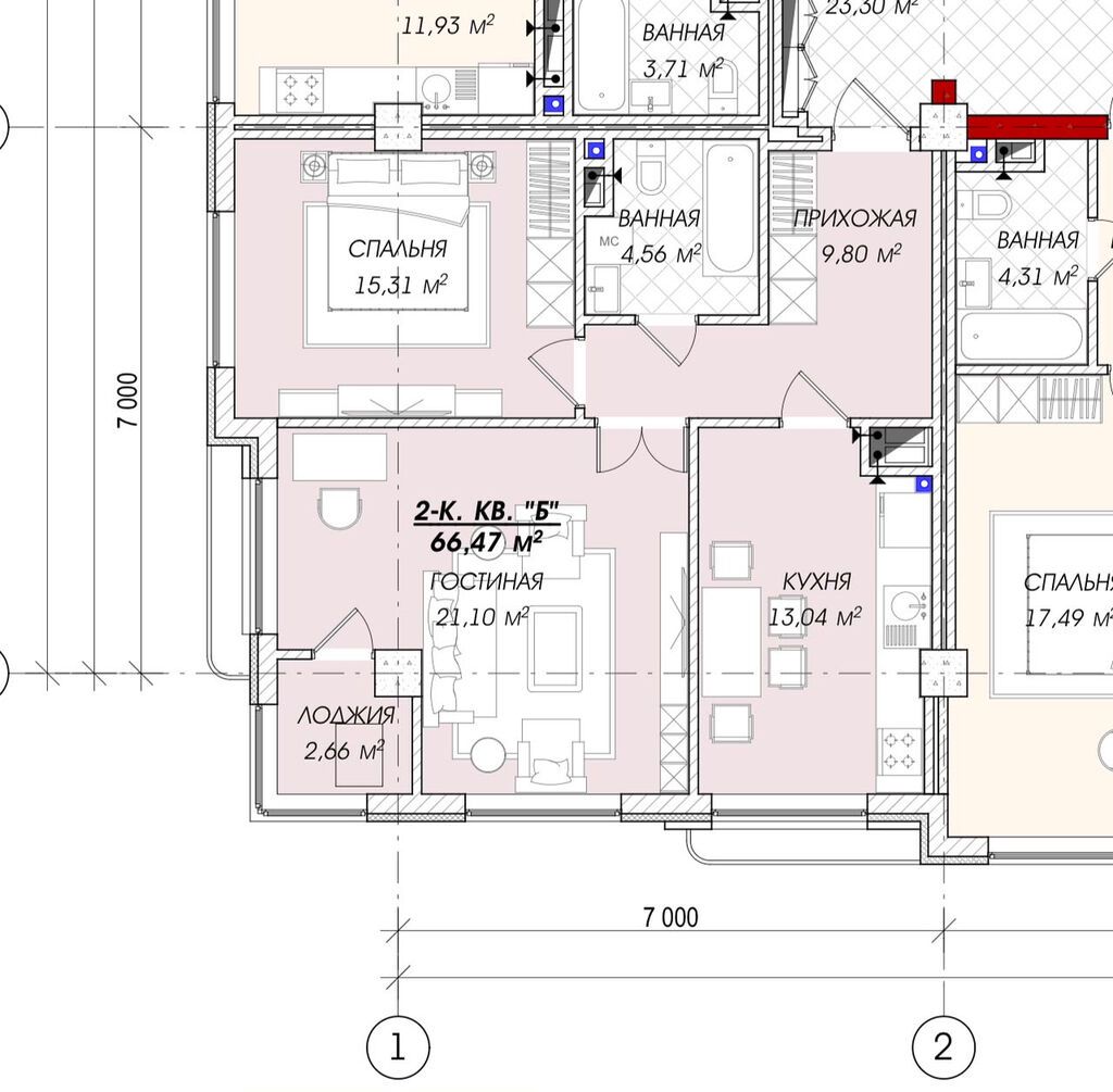 2 комнаты, 67 м², Азия Молл Элитка, 7 этаж, ПСО (под самоотделку): фото 2