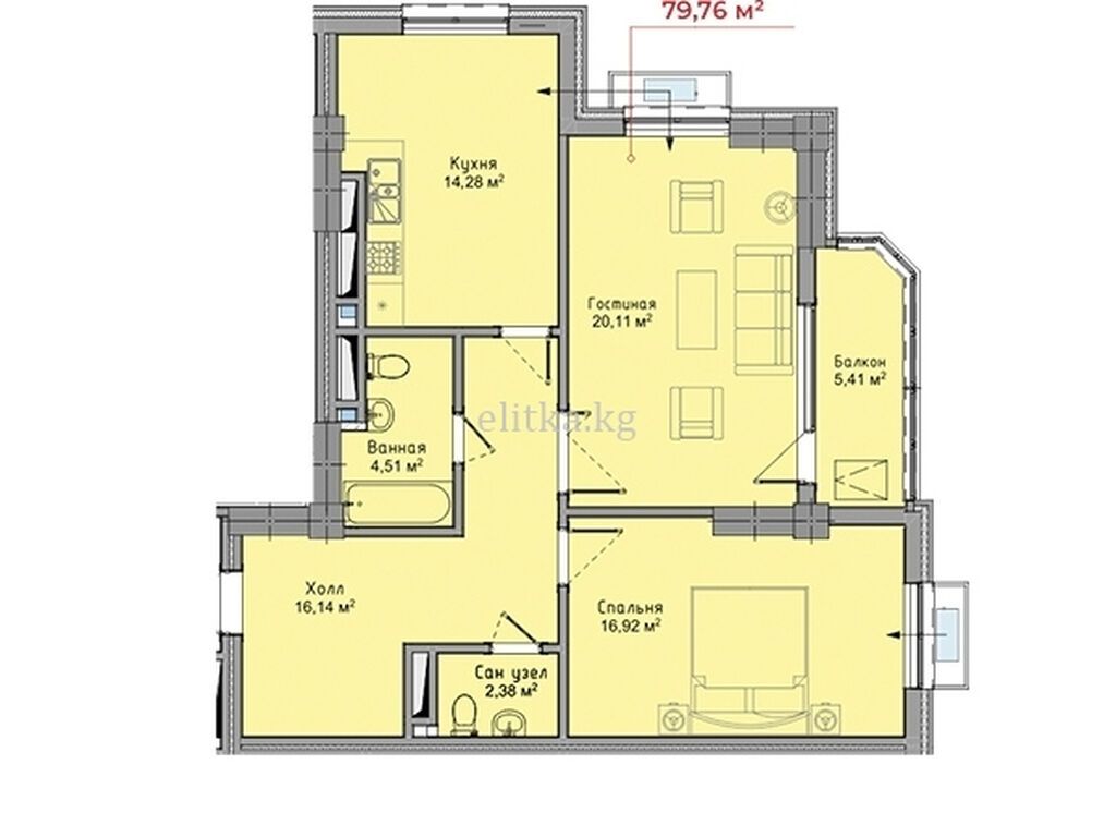 2 комнаты, 75 м², Асанбай мкр Элитка, ПСО (под самоотделку): фото 6