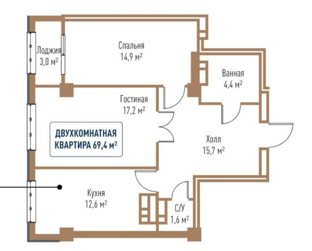 2 комнаты, 69 м², Технопарк Элитка, 10 этаж, ПСО (под самоотделку): фото 2