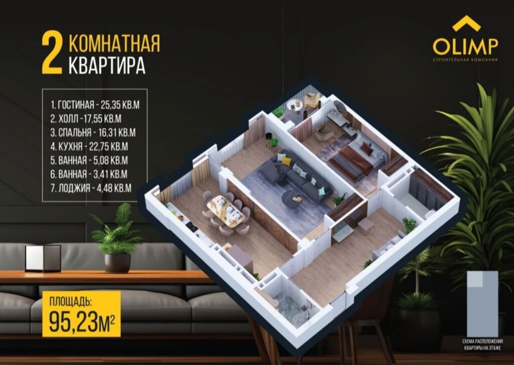 2 комнаты, 95 м², Ботанический сад Элитка, 3 этаж, ПСО (под самоотделку): фото 2