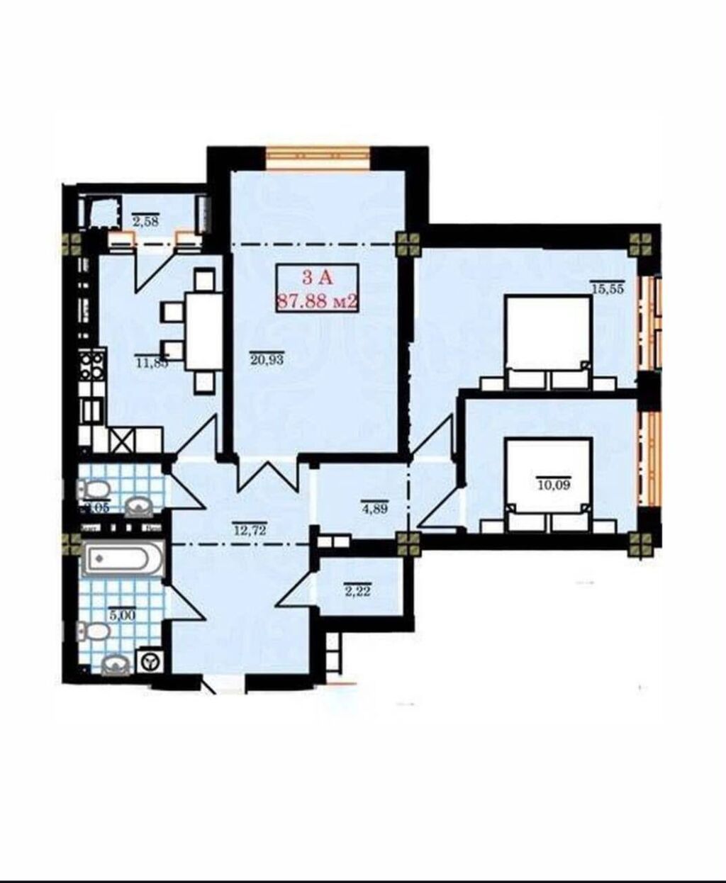 3 комнаты, 88 м², Элитка, 14 этаж, ПСО (под самоотделку)