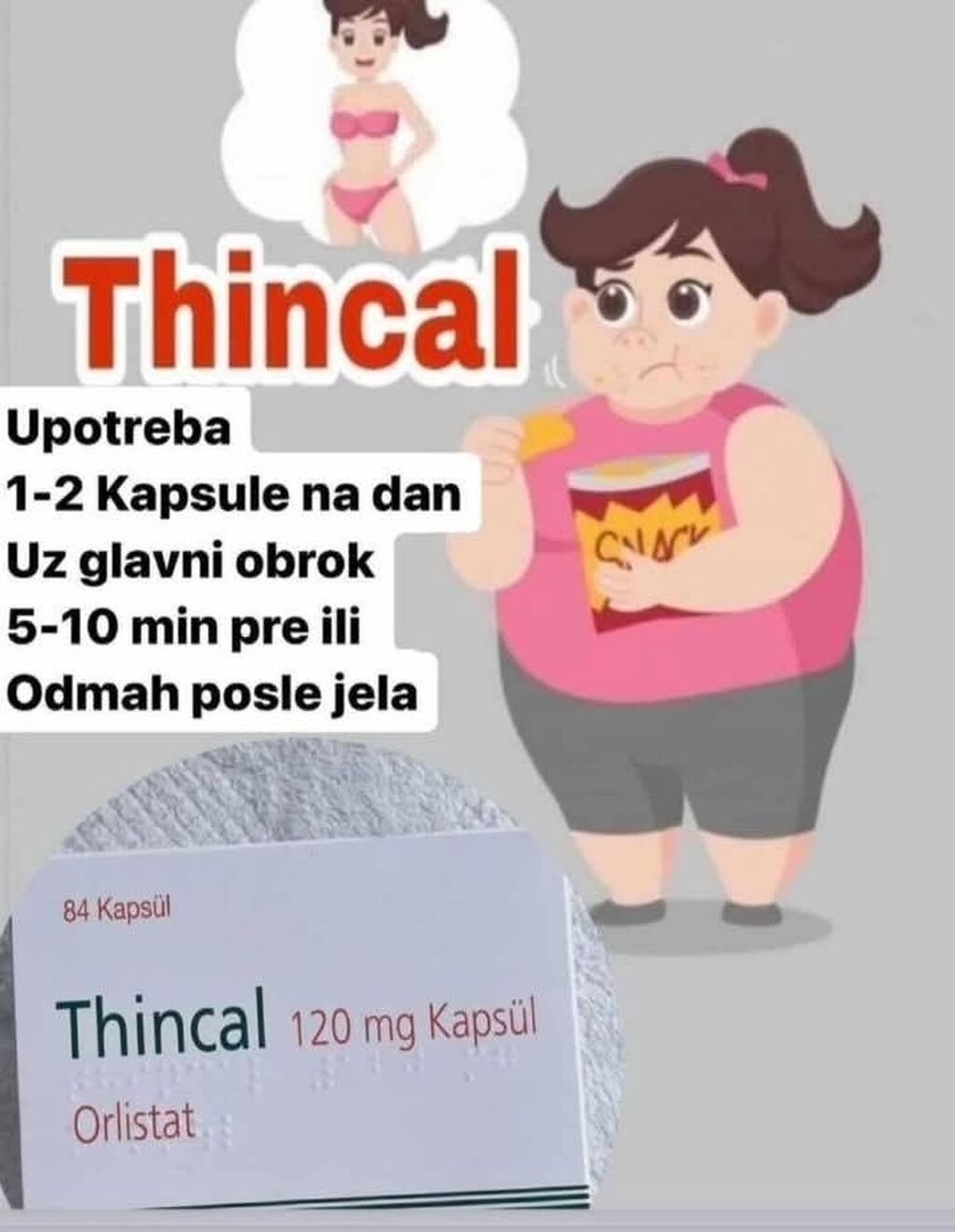 Suplementi: Kutija Thincal Orlistat kapsula od 120 mg, namenjenih za podršku u
