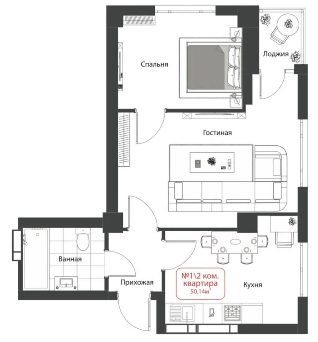 2 комнаты, 50 м², ул. Ден Сяопина / Фучика Элитка, 7 этаж, ПСО (под самоотделку): фото 8