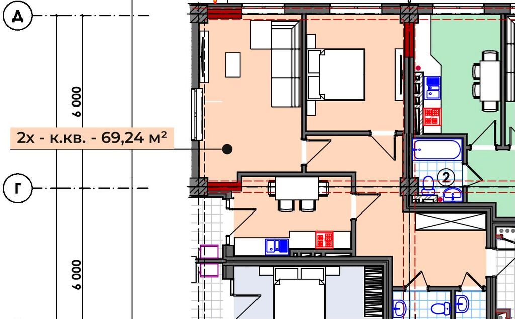 2 комнаты, 69 м², Элитка, 8 этаж, ПСО (под самоотделку)