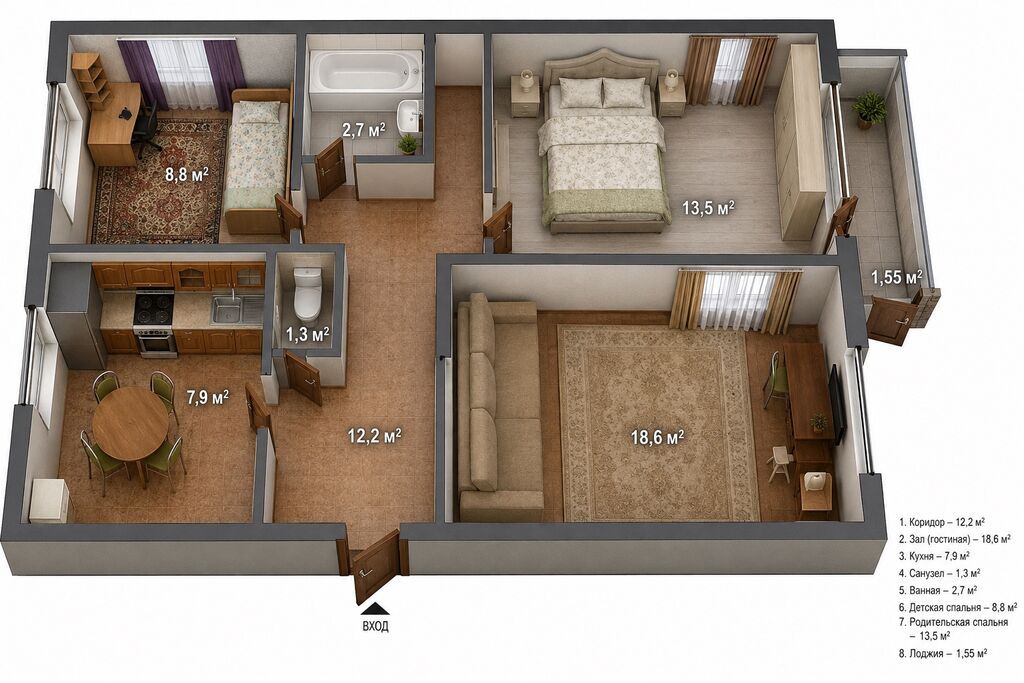 3 комнаты, 65 м², Молодая Гвардия Индивидуалка, 3 этаж: фото 7