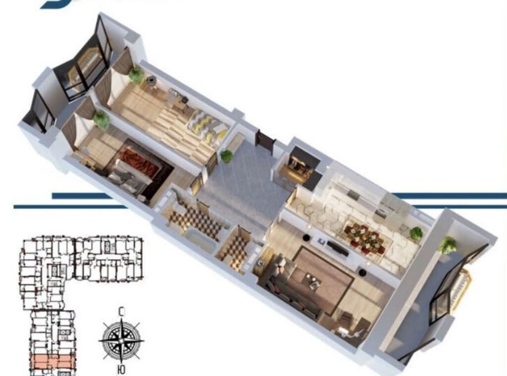 3 комнаты, 121 м², Ак-Кеме Элитка, 6 этаж, ПСО (под самоотделку): фото 2