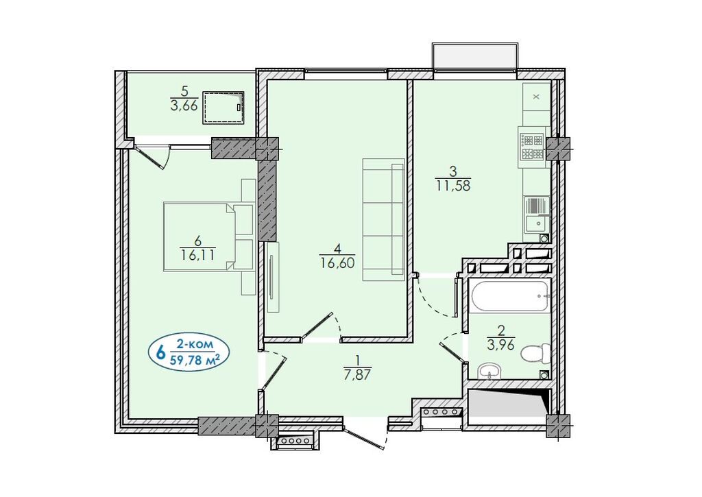 2 комнаты, 60 м², Элитка, 4 этаж, ПСО (под самоотделку) — фото 3