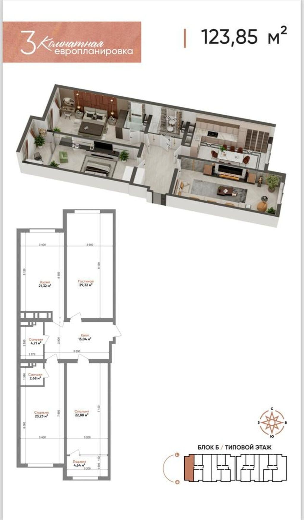 3 комнаты, 123 м², Золотой квадрат Элитка, 9 этаж, ПСО (под самоотделку): фото 2