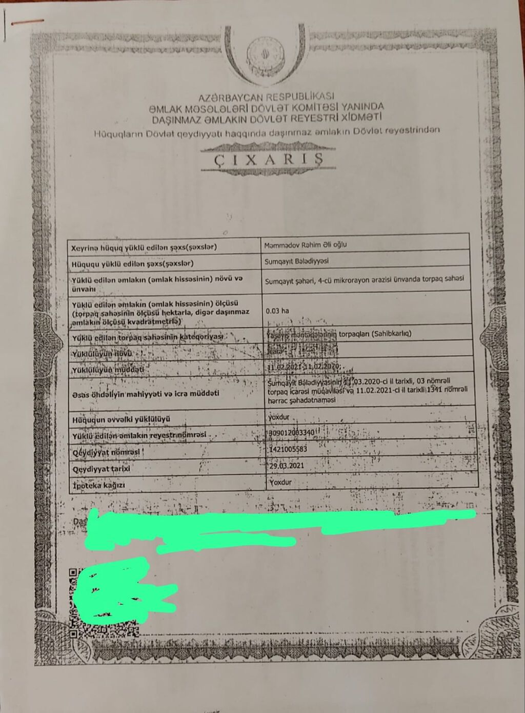 3 sot, Tikinti, Mülkiyyətçi, Kupça (Çıxarış)