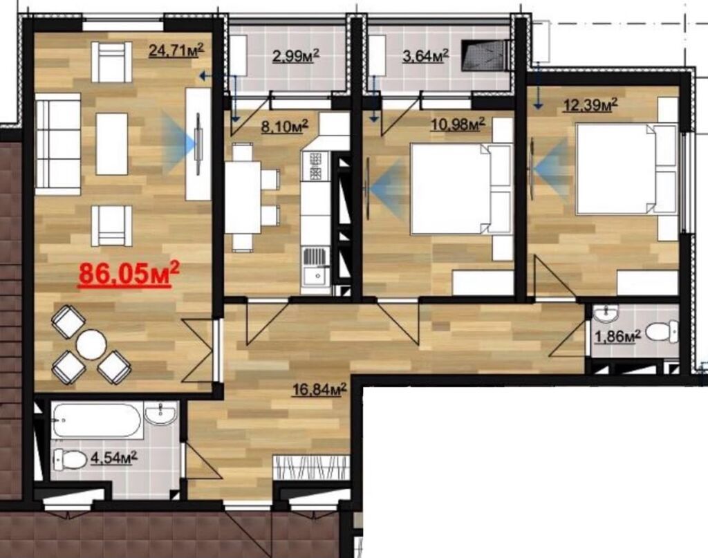 3 комнаты, 87 м², Пишпек Элитка, 10 этаж, ПСО (под самоотделку): фото 4