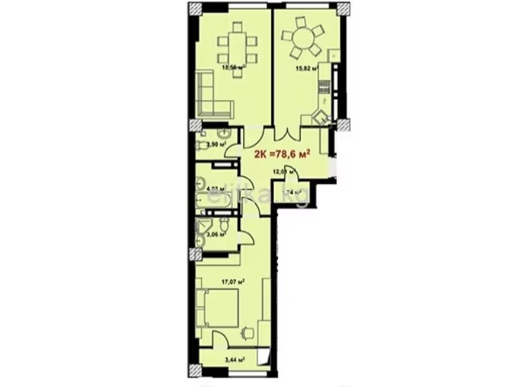 2 комнаты, 78 м², Кок-Жар ж/м Элитка, 10 этаж, ПСО (под самоотделку): фото 2