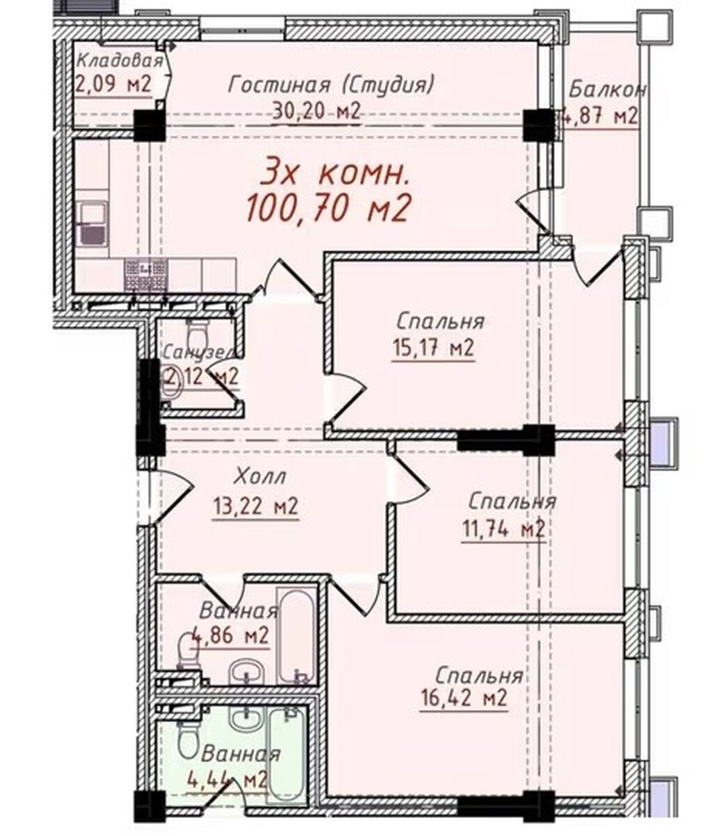 3 комнаты, 100 м², Золотой квадрат Элитка, 9 этаж, ПСО (под самоотделку): фото 2