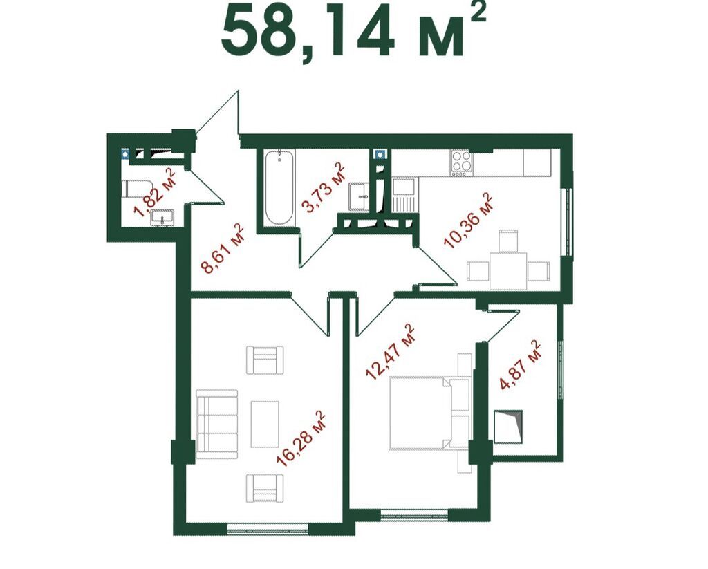 2 комнаты, 58 м², Ак-Орго ж/м Элитка, 7 этаж, ПСО (под самоотделку)