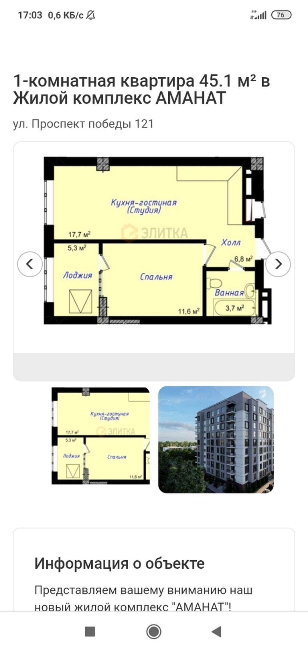 1 комната, 45 м², Аламедин-1 мкр Элитка, 4 этаж, ПСО (под самоотделку): фото 4
