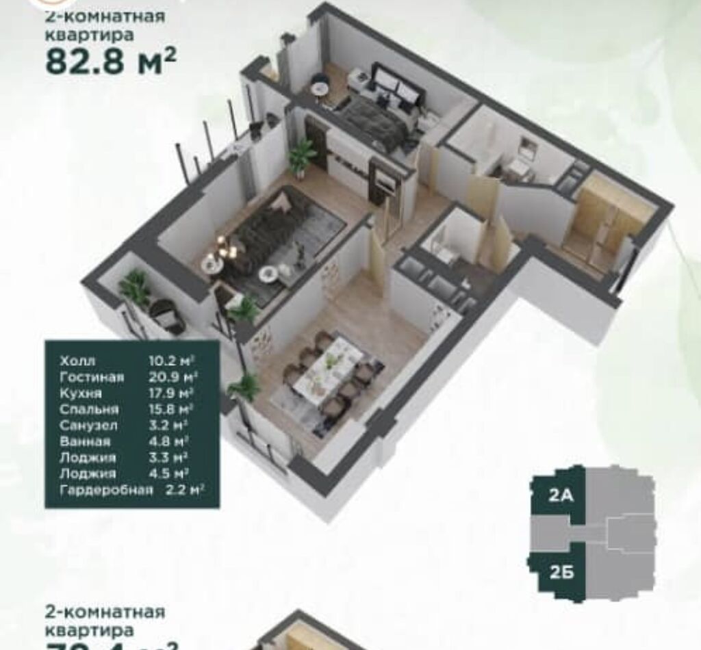 2 комнаты, 82 м², Элитка, 10 этаж, ПСО (под самоотделку): фото 3