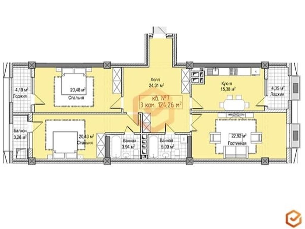 3 комнаты, 124 м², Джал мкр (в т.ч. Верхний, Нижний, Средний) Элитка, 12 этаж, ПСО (под самоотделку): фото 2