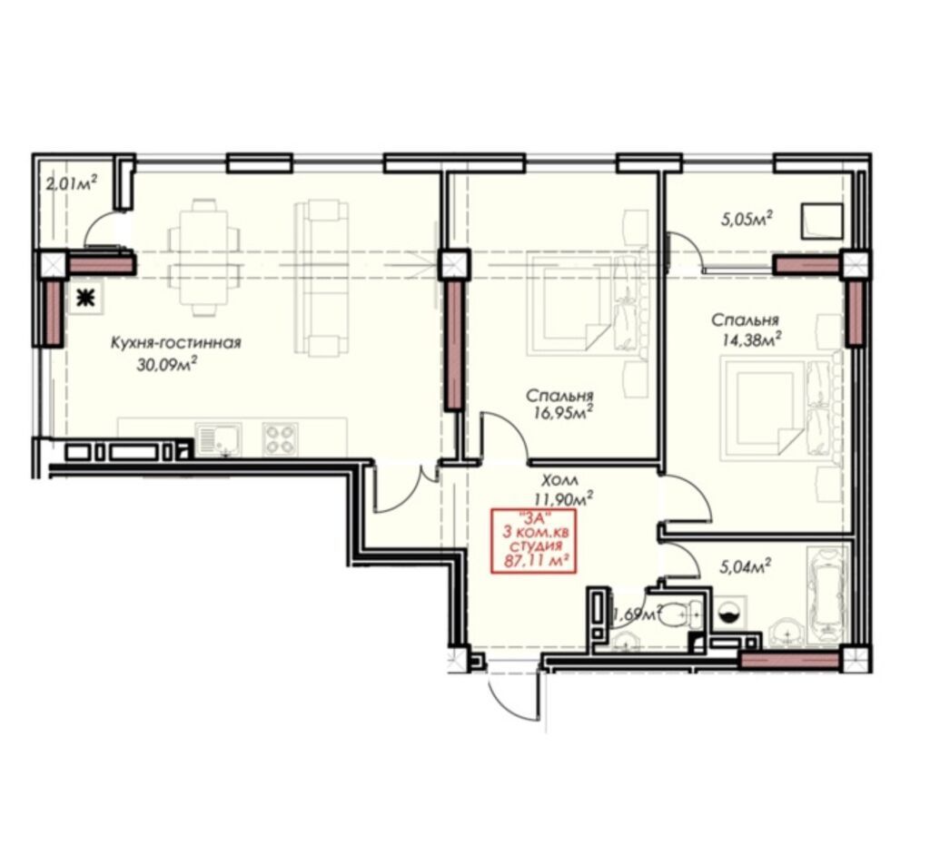 3 комнаты, 87 м², Юг-2 мкр Элитка, 13 этаж, ПСО (под самоотделку): фото 4