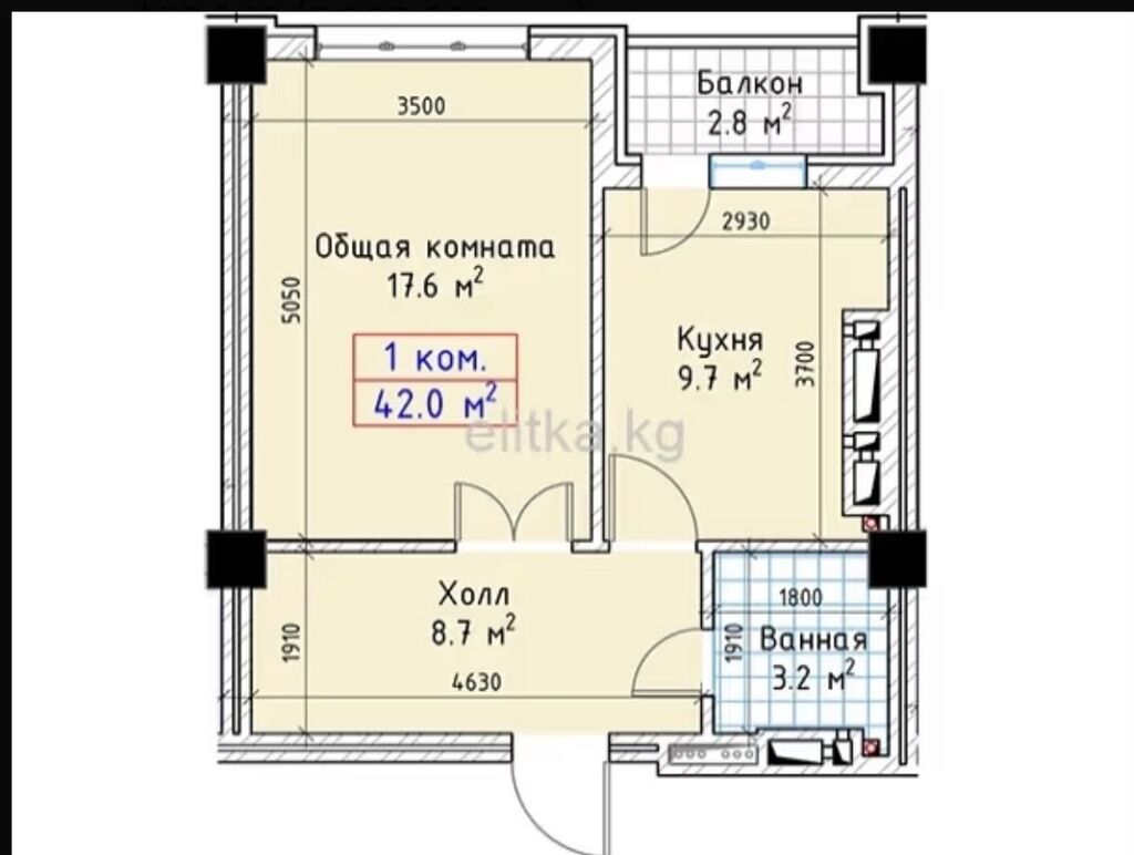 1 комната, 42 м², Технопарк Элитка, 9 этаж, ПСО (под самоотделку): фото 1