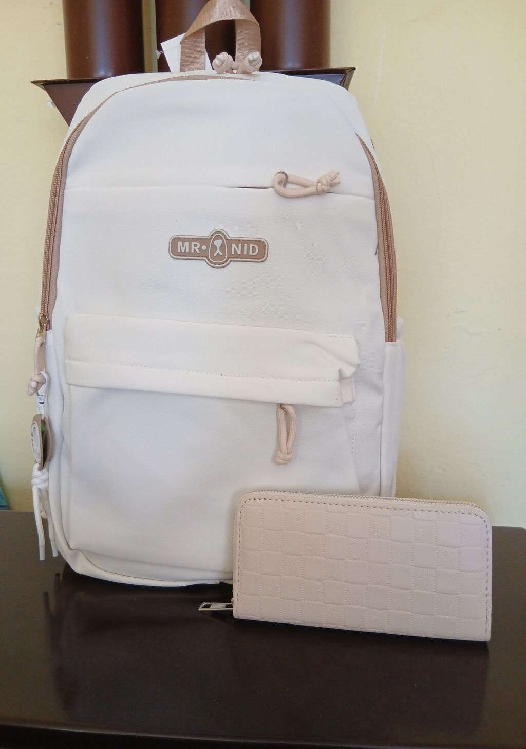 Modni rančevi: Ranac MR. NID + bež novčanik (set) - Boja: krem/bež sa svetlosmeđim