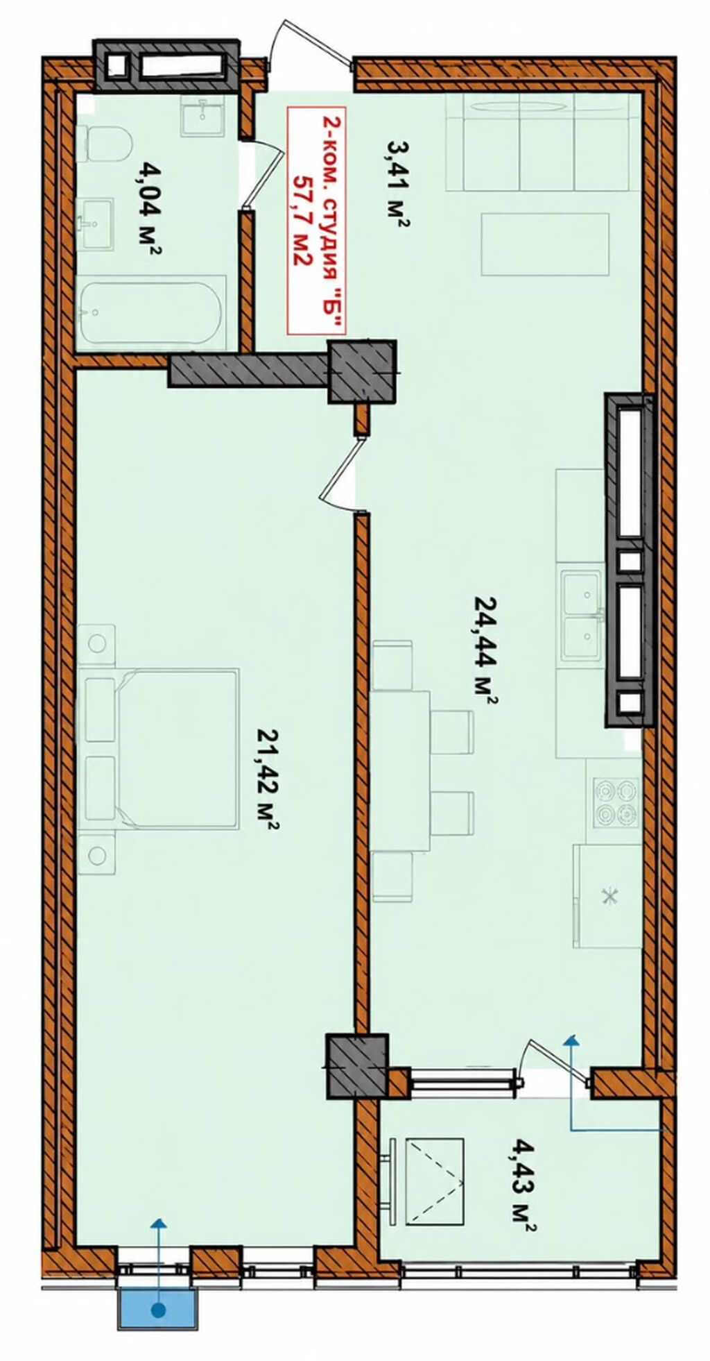 2 комнаты, 58 м², Джал-15 Элитка, 8 этаж, ПСО (под самоотделку): фото 3