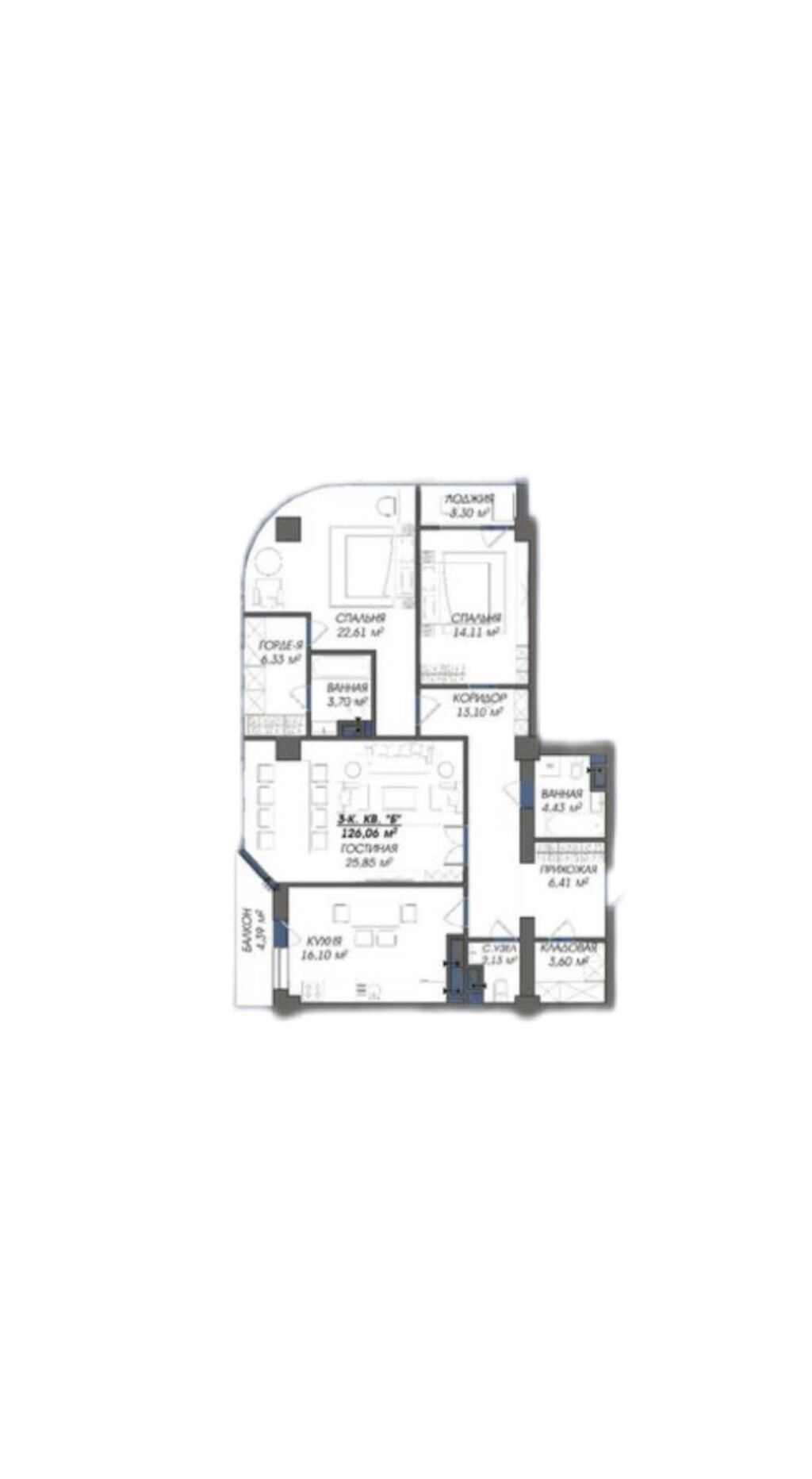 3 комнаты, 126 м², Южная Магистраль Элитка, 12 этаж: фото 5